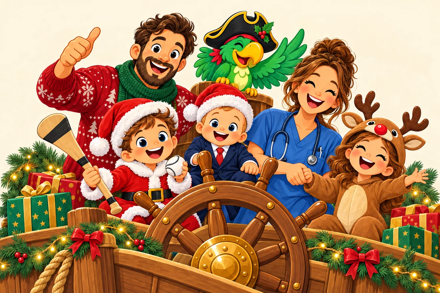 Festive cartoon crew: a nurse and Rudolph child, a child with a hurley and sliotar, a suited baby, a dad and the pirate parrot around a ship’s wheel.