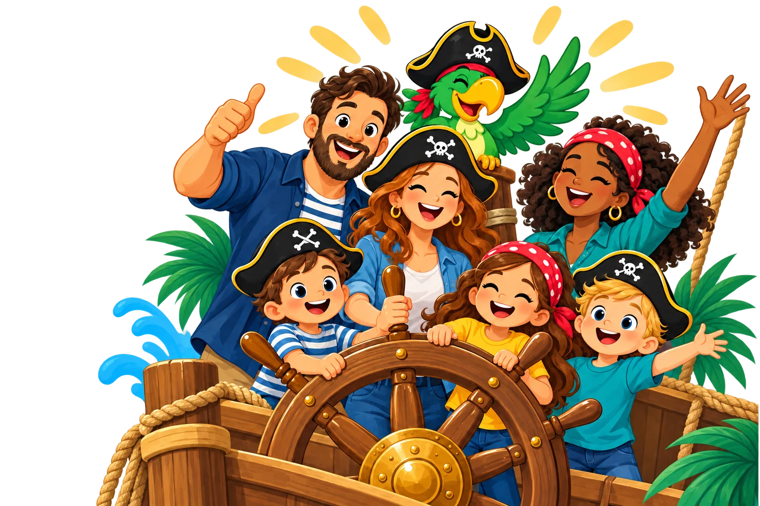 Cartoon adults and children with the pirate parrot gathered around a ship’s wheel.