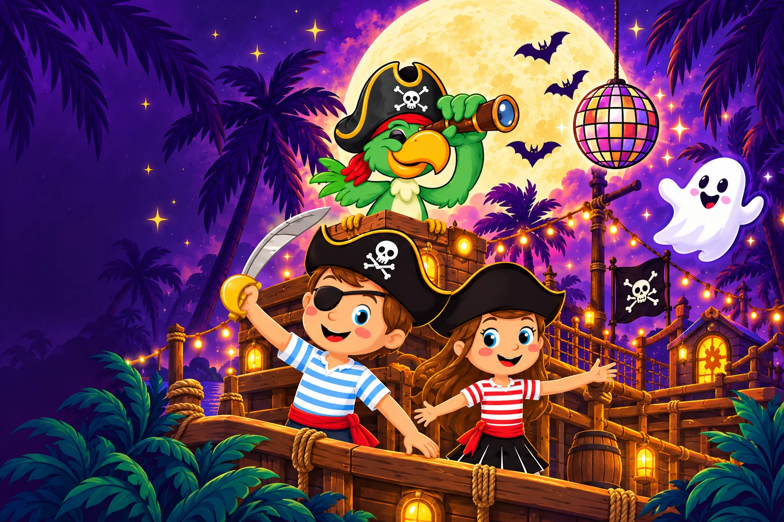 Illustrated Pirates characters with a friendly ghost, moon and disco ball.