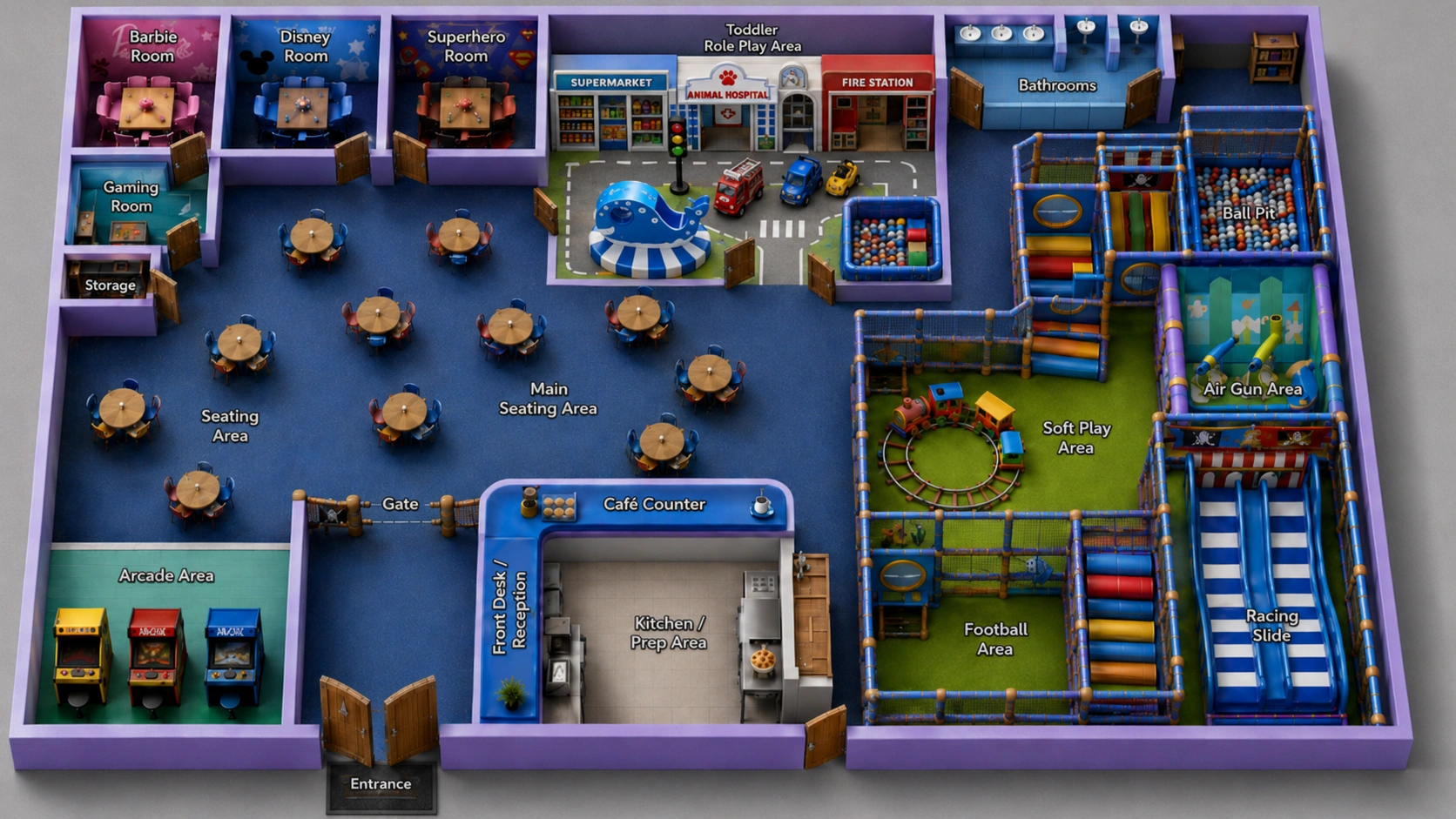 Illustrated 2.5D overview of Pirates Adventure, including party rooms, toddler role play, soft play, arcade, café and arrival.